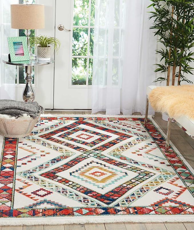 Nourison Home Tribal Decor White 5'3" x 7'6" Area Rug - Easy Clean, Non Shedding, Bed Room, Living Room, Dining Room, Kitchen (5' x 8')