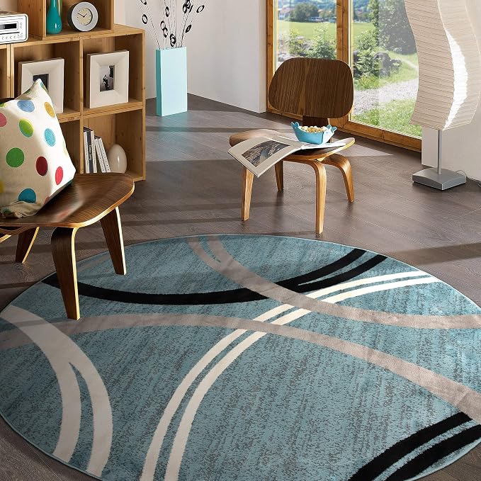 Rugshop Wavy Circles Modern Jute Backing Living Room Round Rug Blue 8' | Round, Bedroom, Dining Room, Home Office, Kitchen, Entryway, Hallway, Nursery, Kids Room, Guest Room, High Traffic Area