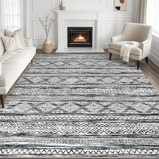 Tortania Area Rug Living Room Rugs - 10x14 Washable Large Soft Neutral Boho Moroccan Bohemian Farmhouse Rug Indoor Floor Carpet for Bedroom Under Dining Table Home Office Decor - Black White