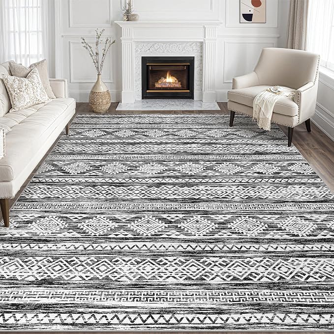 Tortania Area Rug Living Room Rugs - 11x14 Washable Large Soft Neutral Boho Moroccan Bohemian Farmhouse Rug Indoor Floor Carpet for Bedroom Under Dining Table Home Office Decor - Black White