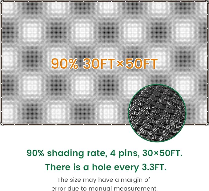 90% 30 X 50 FT Black Shade Cloth, Outdoor Sunblock Shade Cloth with Grommets, Durable Sun Shade Netting Shading Antifreezing for Patio, Garden, Plants Cover, Greenhouse, Barns, Dog Kennel