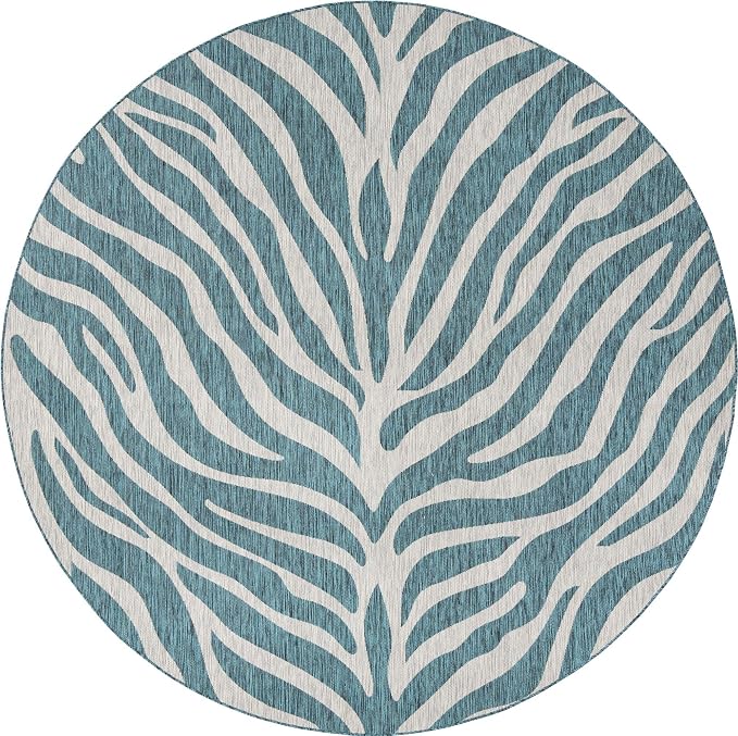 Unique Loom Outdoor Safari Collection Area Rug - Tsavo (10' Round, Teal/ Ivory)