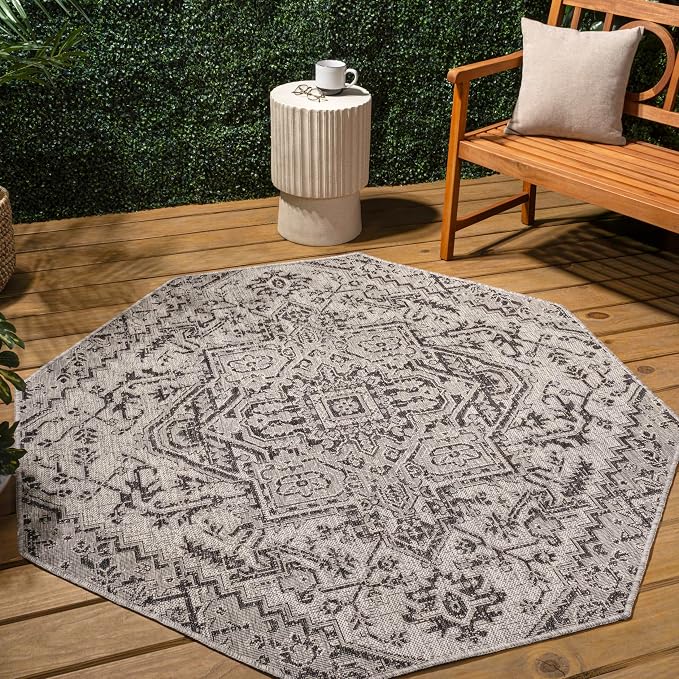 JONATHAN Y Boho Medallion Indoor Outdoor Octagon Area Rug 5 Ft Black/Gray, Estrella Textured Weave for Backyard, Patio, Porch, Easy-Cleaning, High Traffic, Pet-Friendly, Non-Shedding (SMB105D-5TGN)