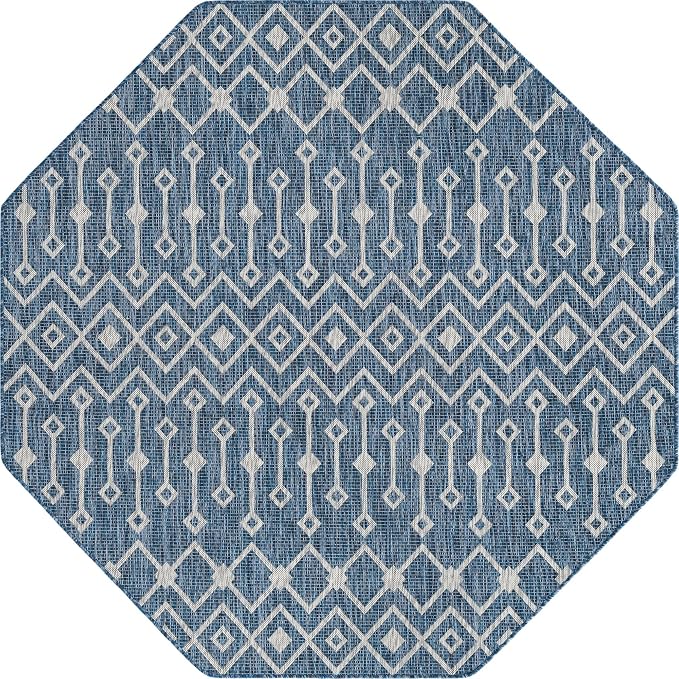 Unique Loom Outdoor Trellis Collection Area Rug - Tribal Trellis (7' 1" Octagon, Blue/ Ivory)
