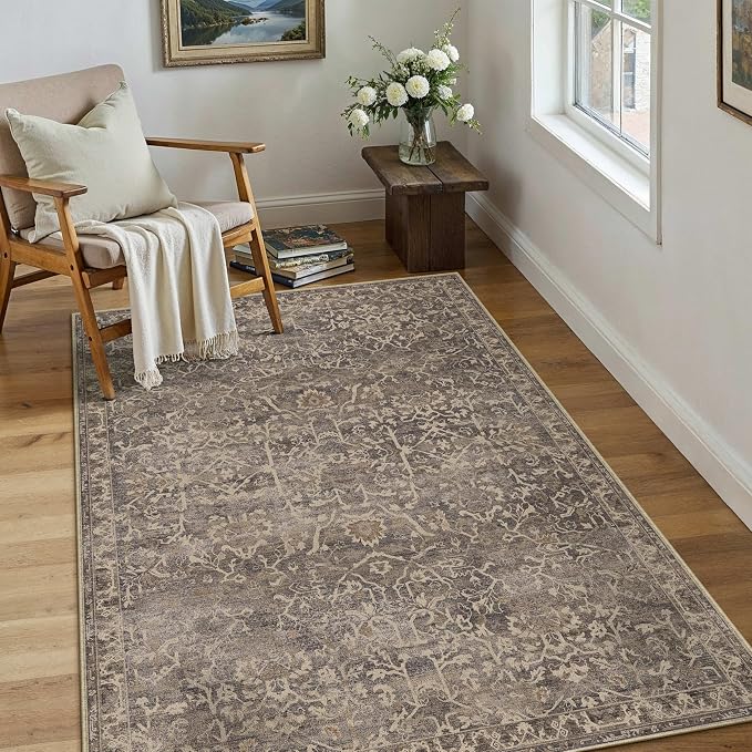 3x5 Brown Vintage Floral Washable Area Rug for Entryway | Low Pile, Non Slip, Retro Style, Soft Distressed Indoor Rug for Bedroom, Dining Room, Kitchen, Entrance, Home Decor