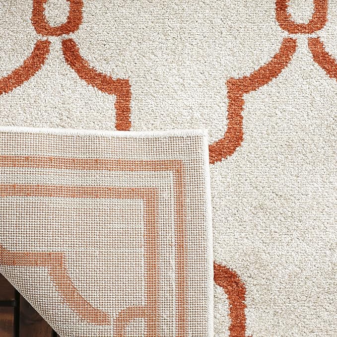 SAFAVIEH Amherst Collection Area Rug - 7' Square, Beige & Orange, Trellis Design, Non-Shedding & Easy Care, Ideal for High Traffic Areas in Living Room, Bedroom (AMT414F)