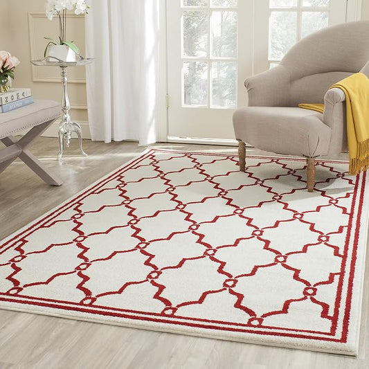 SAFAVIEH Amherst Collection Accent Rug - 3' x 5', Ivory & Red, Trellis Design, Non-Shedding & Easy Care, Ideal for High Traffic Areas in Entryway, Living Room, Bedroom (AMT414H)
