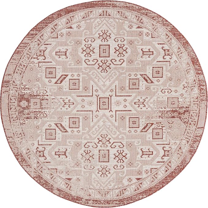 Unique Loom Outdoor Aztec Collection Area Rug - Coba (7' 10" Round, Rust Red/ Ivory)