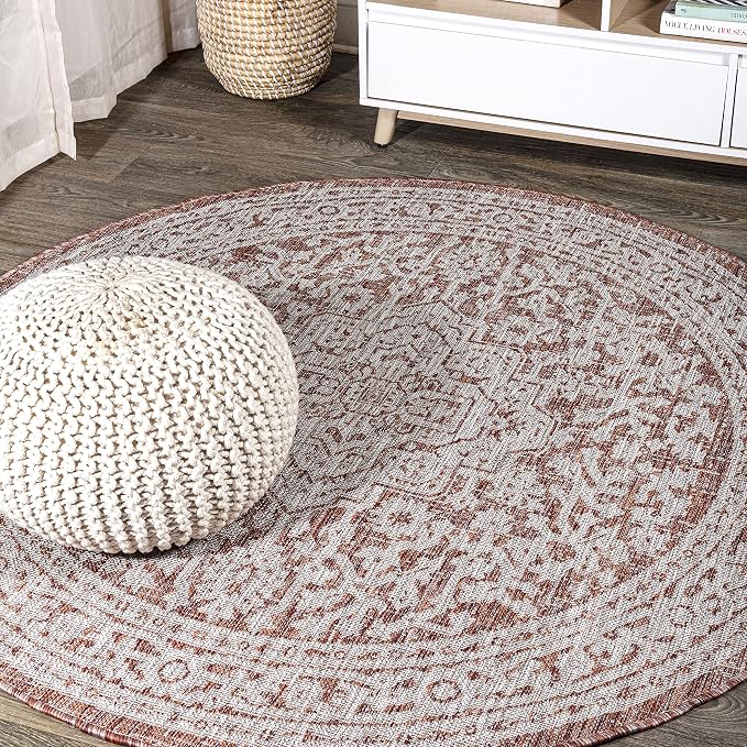 JONATHAN Y Medallion Weave Indoor Outdoor Round Area Rug 8 Ft Red/Taupe, Sinjuri Textured for Backyard, Patio, Porch, Easy-Cleaning, High Traffic, Pet-Friendly, Non-Shedding (SMB101A-8R)