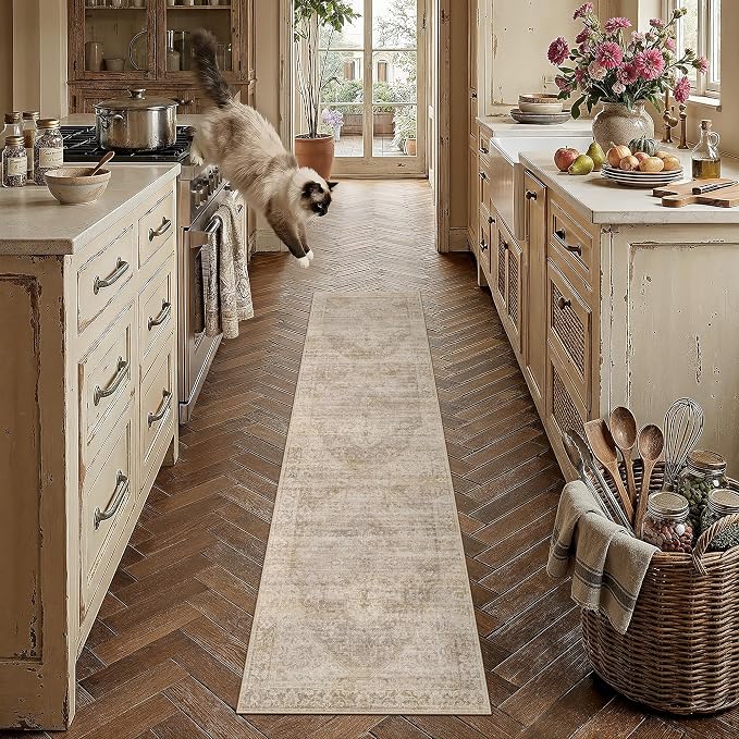 2x8 Beige Farmhouse Runner Rug | Washable, Non Slip, Soft Low Pile, Neutral Vintage, for Hallway Kitchen Laundry Bathroom Bedroom Living Room Home Decor