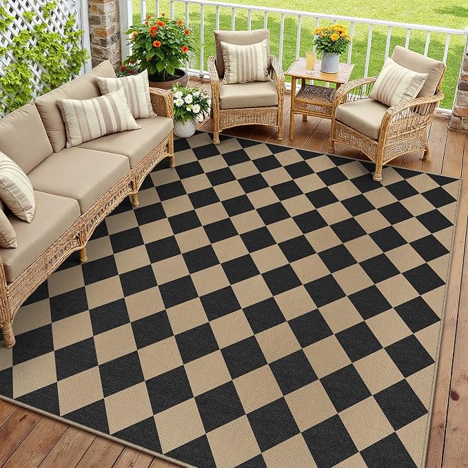 PureCozy 8x10 Checkered Easy Jute Area Rug for Living Room Large Checkerboard Washable Indoor Outdoor Carpet Farmhouse Patio Office Mat Geometric Non Slip Black Carpet for Backyard Dining Room