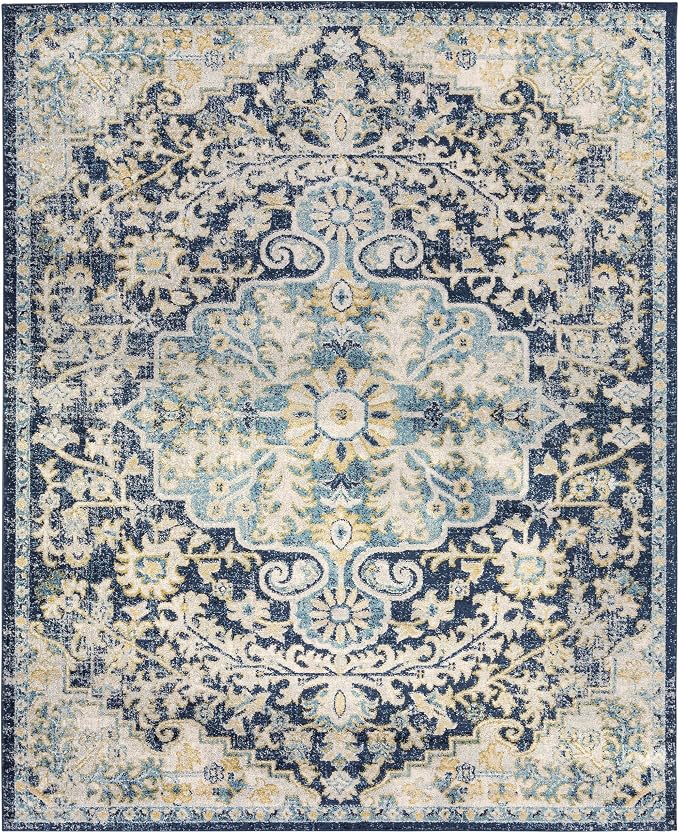 Livabliss Area Rugs - 8x10 Odelia Vintage Boho Blue Aqua Slate Area Rug for Living Room Bedroom - Floral Medallion Stain Resistant Carpet for Kitchen, Nursery, Office (7'10" x 10')