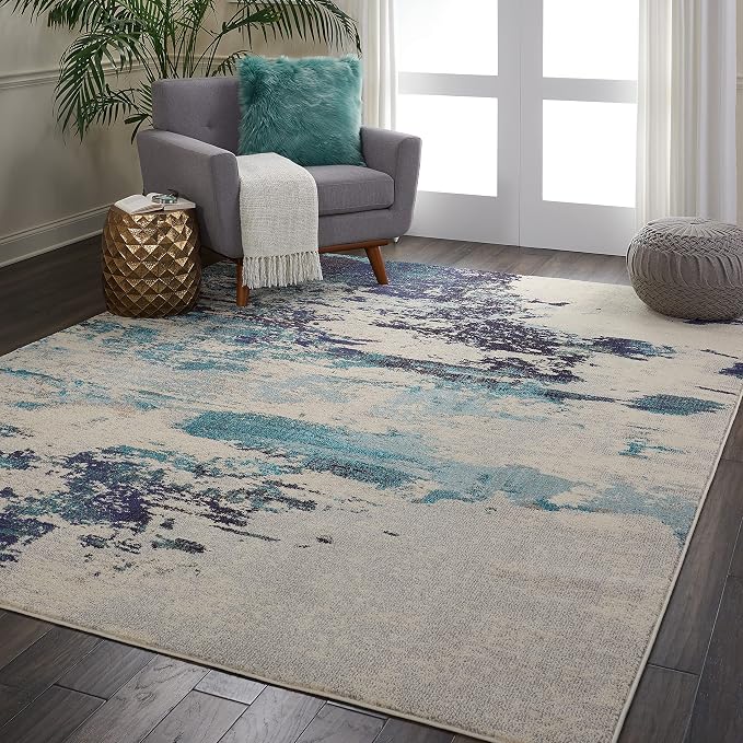 Nourison Home Celestial Ivory Teal Blue 7'10" x 10'6" Area Rug - Easy Clean, Non Shedding, Bed Room, Living Room, Dining Room, Kitchen (8' x 11')