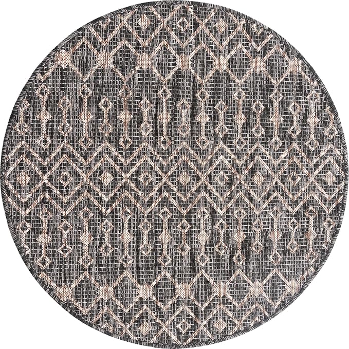 Unique Loom Outdoor Trellis Collection Area Rug - Tribal Trellis (3' 3" Round, Charcoal Gray/ Natural)