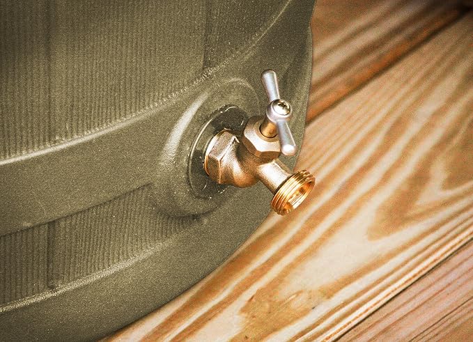 Good Ideas Rain Wizard 50 Gallon Plastic Outdoor Home Rain Barrel Water Storage Collector with Brass Spigot and Flat Back Design, Khaki