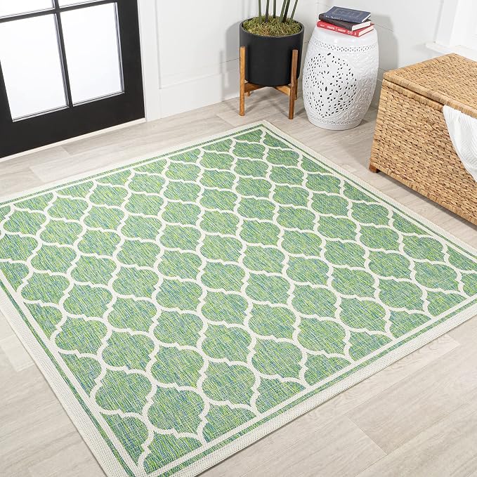 JONATHAN Y Moroccan Trellis Indoor Outdoor Square Area Rug 5X5 Cream/Green, Trebol Textured Weave for Backyard, Patio, Porch, Easy-Cleaning, High Traffic, Pet-Friendly, Non-Shedding (SMB109I-5SQ)