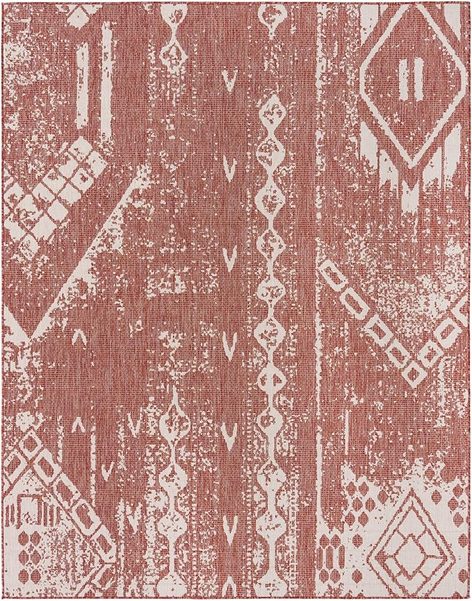 Unique Loom Outdoor Bohemian Collection Area Rug - Anthro (7' 10" x 10' Rectangle, Rust Red/ Ivory)