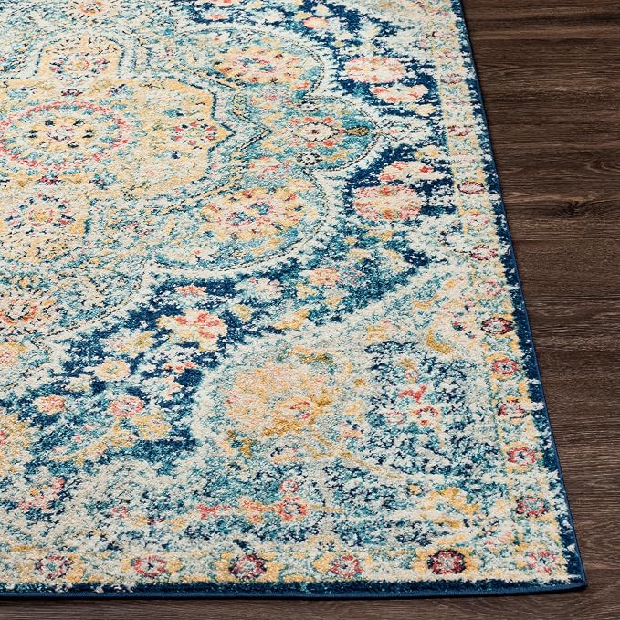 Livabliss Area Rugs - 8x10 Romaine Vintage Boho Navy Sky Blue Rose Area Rug for Living Room Bedroom - Floral Medallion Stain Resistant Carpet for Kitchen, Nursery, Office (7'10" x 10'3")