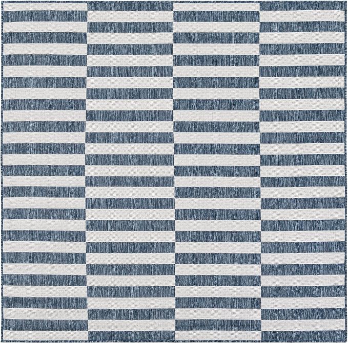 Unique Loom Outdoor Striped Collection Area Rug - Striped (6' 1" Square Blue/Ivory)