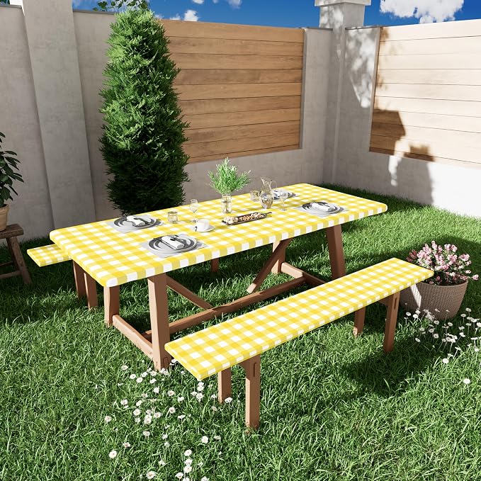 Smiry Picnic Table Cover with Bench Covers, Waterproof Elastic Fitted Tablecloths for 6 Foot Rectangle Tables, Washable Buffalo Plaid Tablecloth for Camping, Outdoor (Yellow & White, 30"x72")