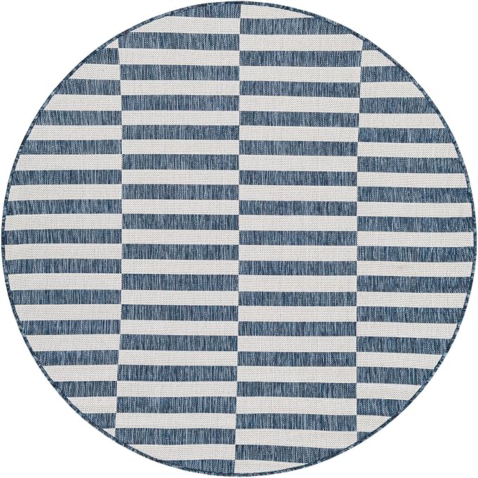 Unique Loom Outdoor Striped Collection Area Rug - Striped (5' 3" Round Blue/Ivory)