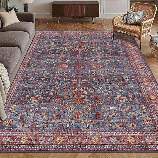 Washable Area Rug 6' x 9' Vintage Traditional Persian Mat - Foldable Distressed Non-Slip Machine Washable Carpet for Living Room Bedroom Kitchen Home Decor - Indigo and Crimson