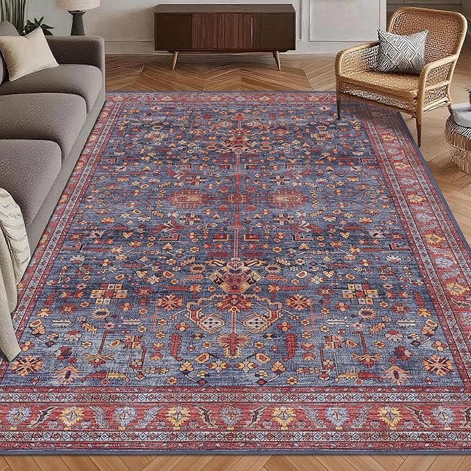Washable Area Rug 3' x 5 ' Vintage Traditional Persian Mat - Foldable Distressed Non-Slip Machine Washable Carpet for Living Room Bedroom Kitchen Home Decor - Indigo and Crimson