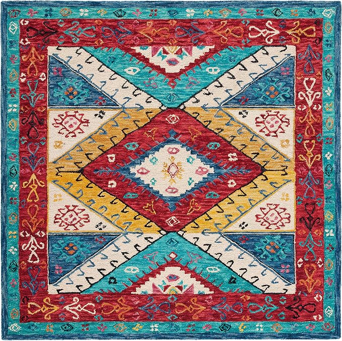SAFAVIEH Aspen Collection Area Rug - 7' Square, Blue & Rust, Handmade Boho Tribal Wool, Ideal for High Traffic Areas in Living Room, Bedroom (APN525M)