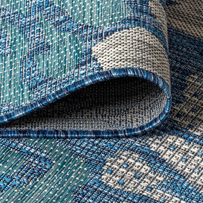 JONATHAN Y Floral Textured Weave Indoor Outdoor Runner Rug 2X14 Navy/Aqua, Zinnia Modern for Backyard, Patio, Porch, Easy-Cleaning, High Traffic, Pet-Friendly, Non-Shedding (SMB110C-214)