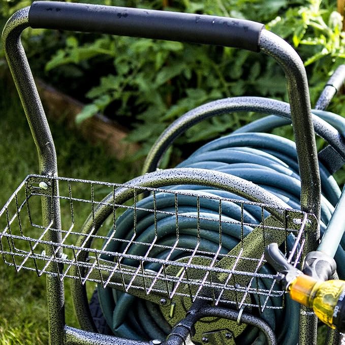 Backyard Expressions Metal Hose Reel Cart with Wheels - Heavy Duty Hose Caddie - 250 Ft Hose Capacity - Hammertone Finish