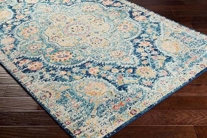 Livabliss Area Rugs - 8x10 Romaine Vintage Boho Navy Sky Blue Rose Area Rug for Living Room Bedroom - Floral Medallion Stain Resistant Carpet for Kitchen, Nursery, Office (7'10" x 10'3")
