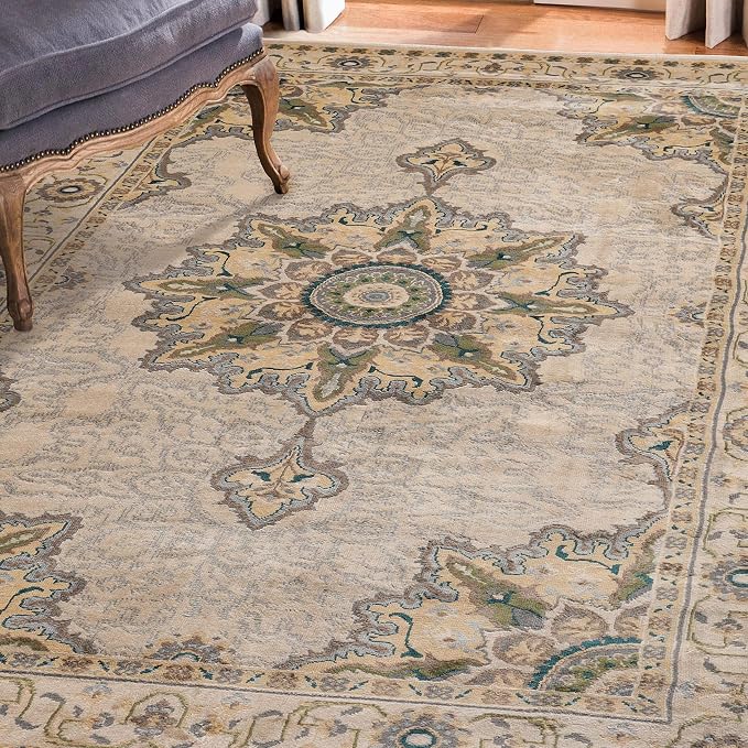 Superior Indoor Area Rug or Runner, Patchwork Rustic Leaves Floor Decor, Soft Plush Rugs for Living Room, Office, Kitchen, Dining, Aesthetic Home Accessories, Zelder Collection 8ft x 10ft - Beige