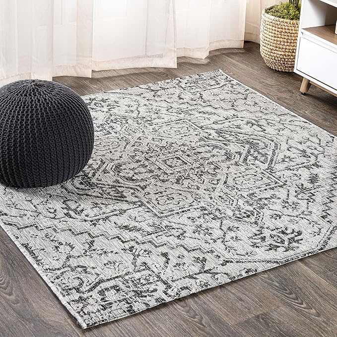 JONATHAN Y Boho Medallion Indoor Outdoor Square Area Rug 8X8 Black/Gray, Estrella Textured Weave for Backyard, Patio, Porch, Easy-Cleaning, High Traffic, Pet-Friendly, Non-Shedding (SMB105D-8SQ)