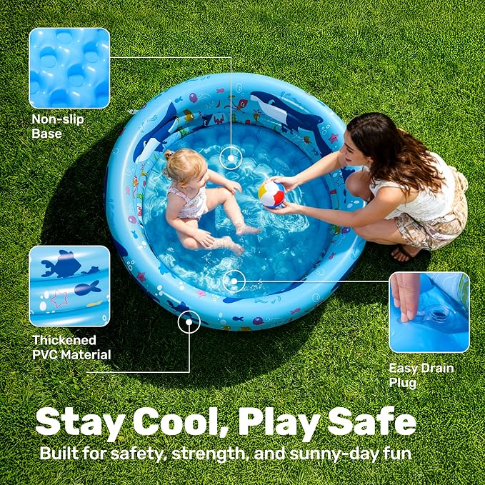 Sloosh Inflatable Kiddie Pool, 34"x10" Blow Up Kid Swimming Pool, 3 Rings Blue Baby Pool for Toddler, Play Pit for Dog with Ocean Whale Pattern for Summer Water Party Backyard Garden(Whale)