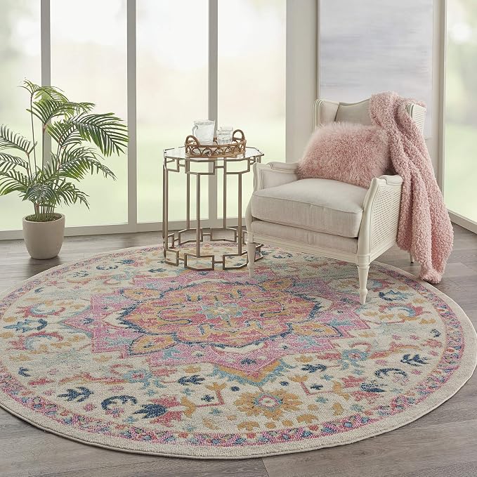 Nourison Home Passion Ivory Pink 8' x Round Area Rug - Easy Clean, Non Shedding, Bed Room, Living Room, Dining Room, Kitchen (8' x Round)