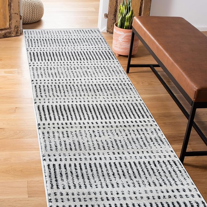 Rugshop Contemporary Stripe Lines High Traffic Runner Rug Cream 2' x 7' | Runner, Size 2' x 7', Living Room, Bedroom, Dining Room, Home Office, Kitchen, Entryway, Hallway, Nursery, Kids Room