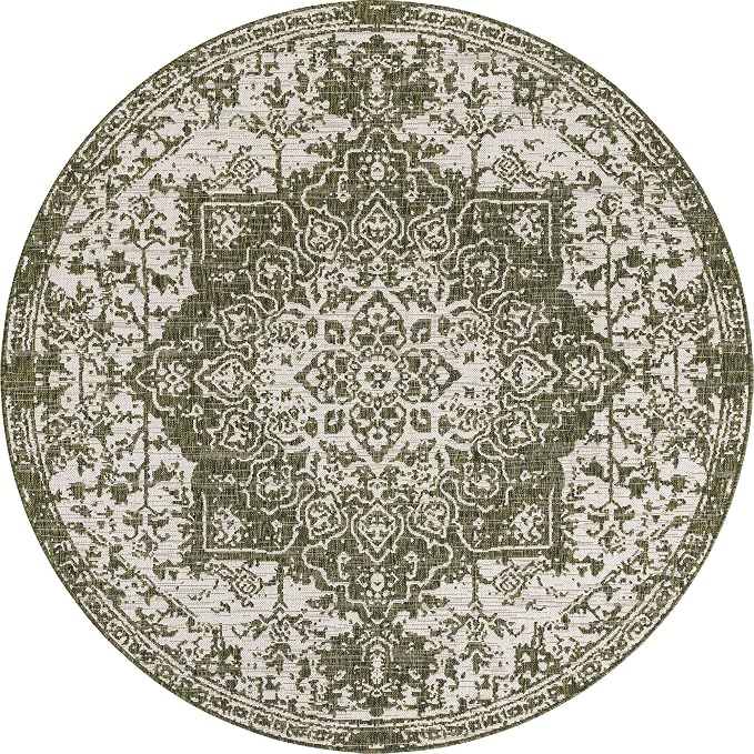 Unique Loom Outdoor Collection Area Rug - Dubai (6' 7' Round, Green/ Ivory)