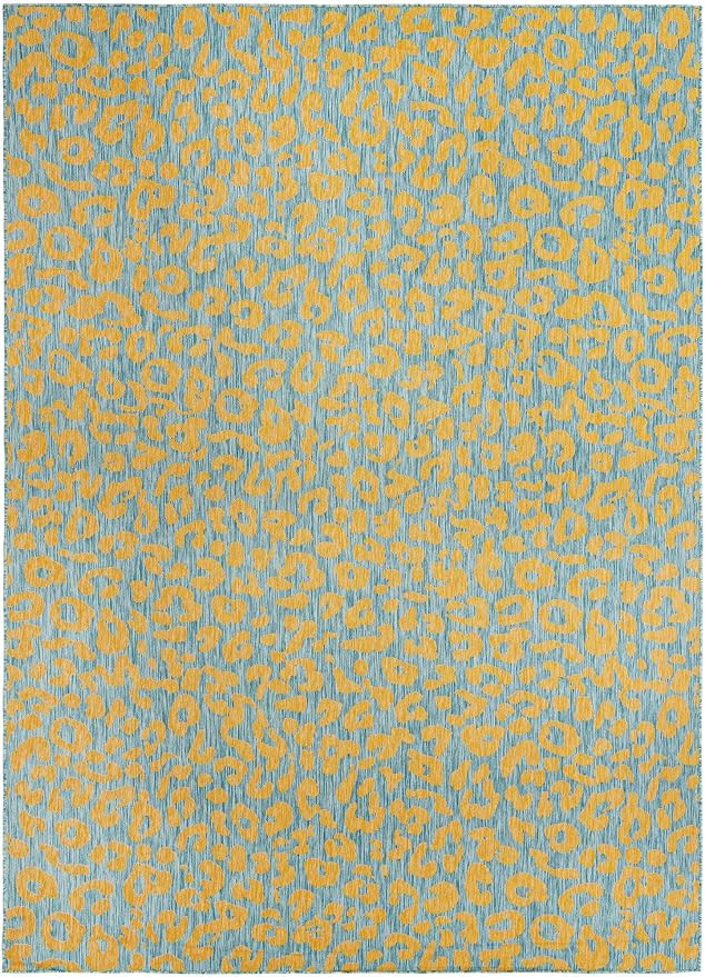 Unique Loom Outdoor Safari Collection Area Rug - Leopard (10' x 14' 1" Rectangle, Blue Yellow/ Blue)