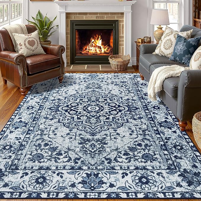 YJ.GWL Area Rugs for Living Room 5x7 Machine Washable Rugs, Non Slip Floral Vintage Rug Indoor Carpet, Stain Resistant Large Rug for Bedroom Dining Room, Navy Blue