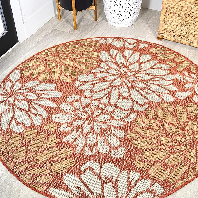 JONATHAN Y Floral Textured Weave Indoor Outdoor Round Area Rug 5 Ft Orange/Cream, Zinnia Modern for Backyard, Patio, Porch, Easy-Cleaning, High Traffic, Pet-Friendly, Non-Shedding (SMB110E-5R)