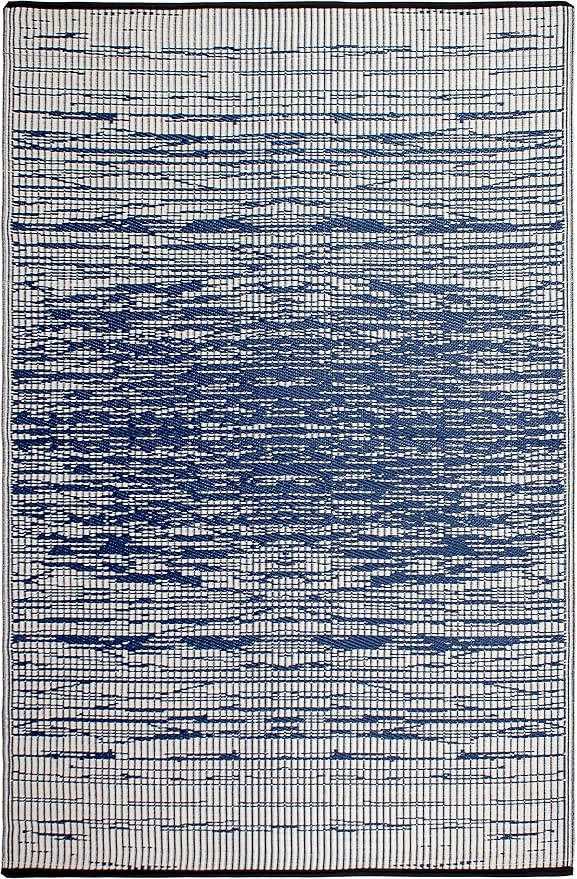 Fab Habitat Outdoor Rug - Waterproof, Fade Resistant, Crease-Free - Premium Recycled Plastic - Distressed Abstract Stripes - Large Patio, Deck, Sunroom, Camping, RV - Brooklyn - Blue - 6 x 9 ft