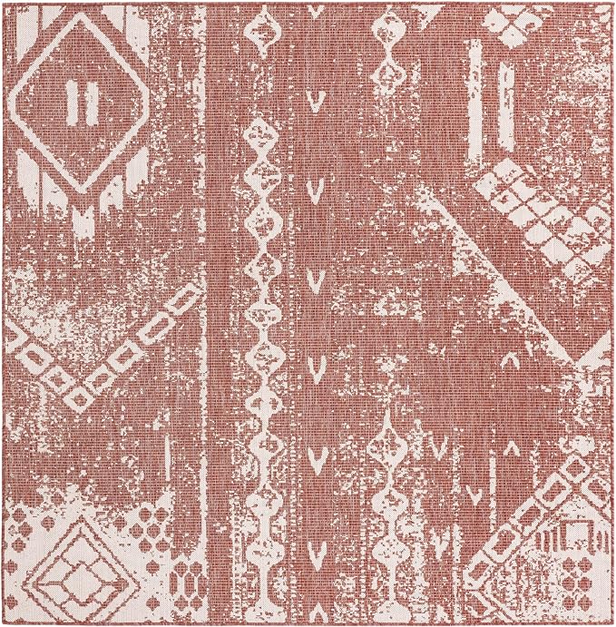 Unique Loom Outdoor Bohemian Collection Area Rug - Anthro (7' 1" Square, Rust Red/ Ivory)