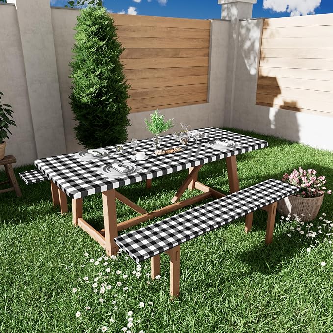 Smiry Picnic Table Cover with Bench Covers, Waterproof Elastic Fitted Tablecloths for 8 Foot Rectangle Tables, Washable Buffalo Plaid Tablecloth for Camping, Outdoor (Black & White, 30"x96")