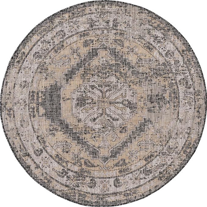 Unique Loom Outdoor Traditional Collection Area Rug - Valeria (5' 3" Round, Charcoal/ Natural)