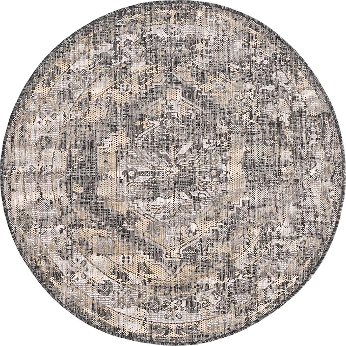 Unique Loom Outdoor Traditional Collection Area Rug - Valeria (4' 1" Round, Charcoal/ Natural)