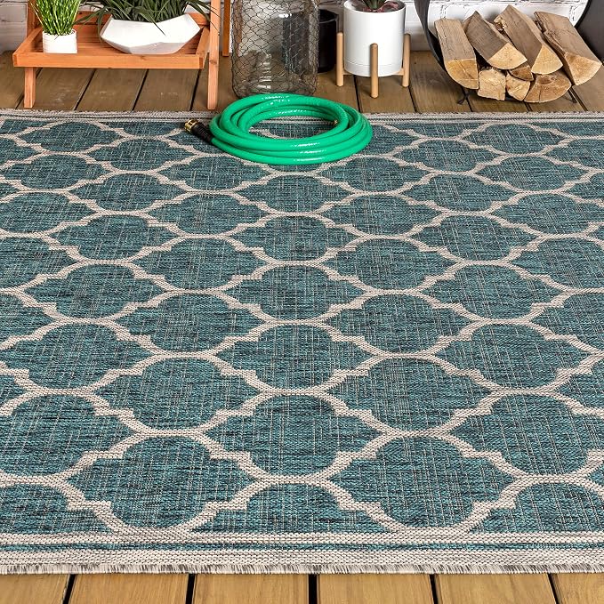 JONATHAN Y Moroccan Trellis Indoor Outdoor Area Rug 4X6 Teal/Gray, Trebol Textured Weave for Backyard, Patio, Porch, Easy-Cleaning, High Traffic, Pet-Friendly, Non-Shedding (SMB109E-4)