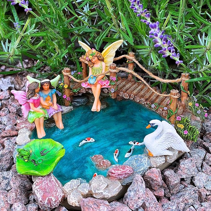 Mood Lab Fairy Garden Figurines - Fish Pond & Bridge - Miniature Decor Set (6 pcs) - Statues & Accessories - Outdoor & Indoor Garden Decor