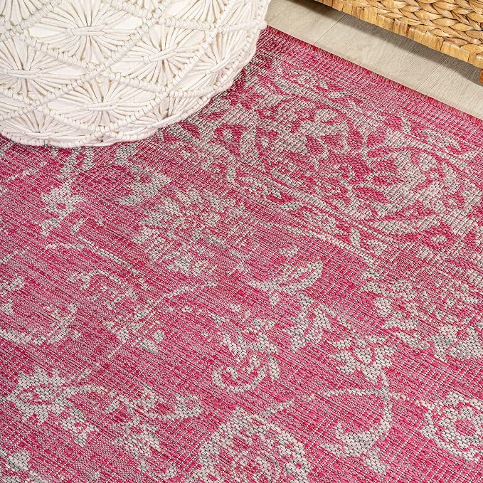 JONATHAN Y Weave Floral Indoor Outdoor Round Area Rug 5 Ft Fuchsia/Light Gray, Tela Bohemian Textured for Backyard, Patio, Porch, Easy-Cleaning, High Traffic, Pet-Friendly, Non-Shedding (SMB100G-5R)
