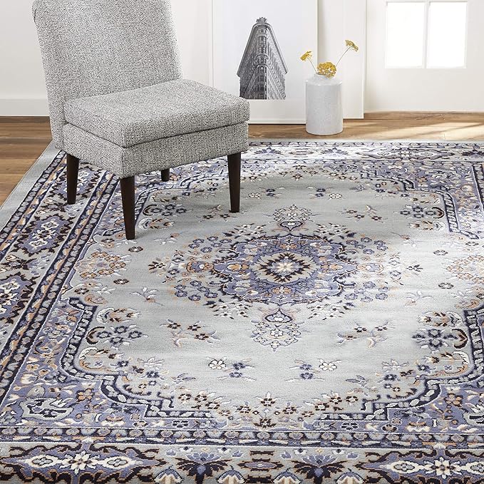 Home Dynamix Premium Sakarya Traditional Medallion Border Area Rug, Silver, 5'2"x7'4" Rectangle