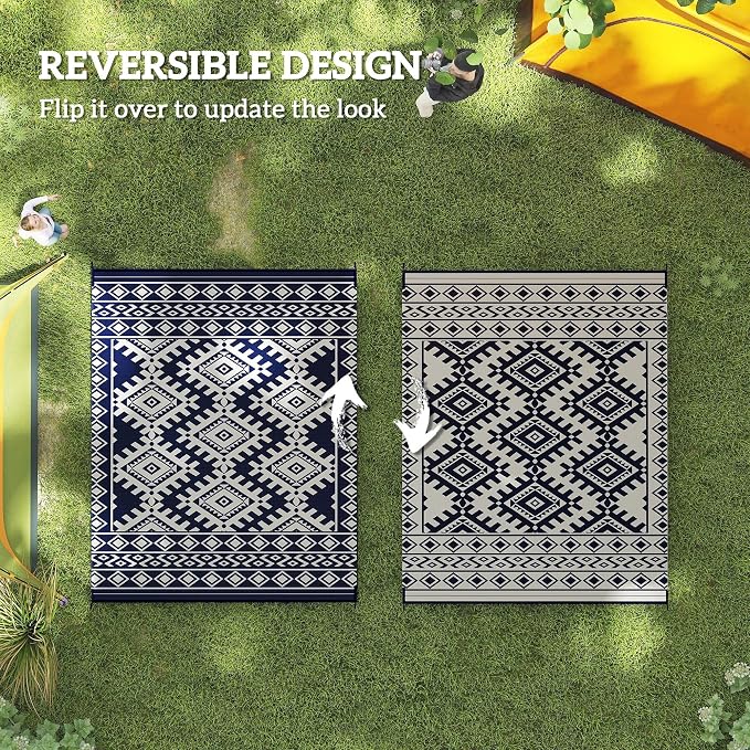 Outsunny Reversible Outdoor Rug, 8' x 10' Waterproof Plastic Straw Floor Mat, Portable RV Camping Carpet, Large Floor Mat for Backyard, Deck, Picnic, Beach, Blue & White Rhombus Border